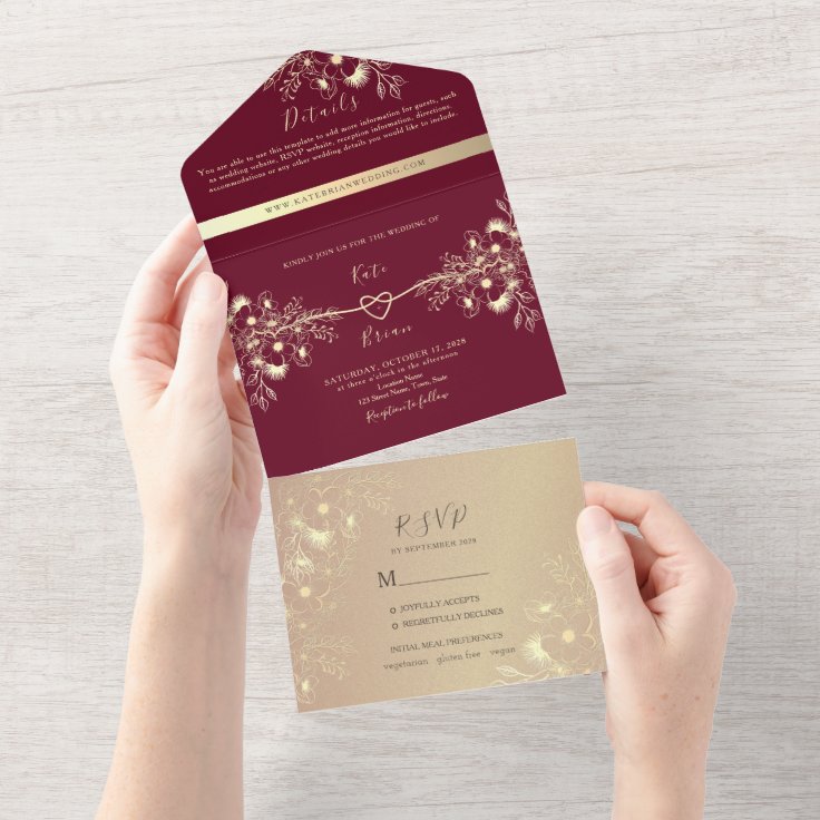 Rose Gold Burgundy Wedding All In One Invitation | Zazzle