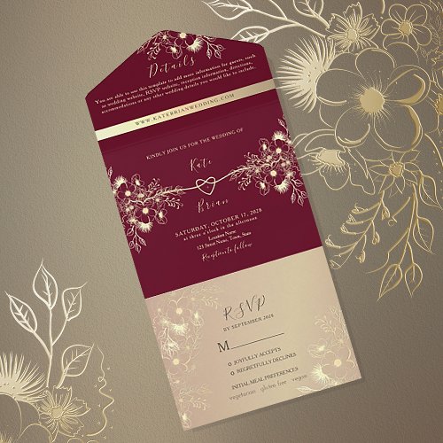 Rose Gold Burgundy Wedding All In One Invitation