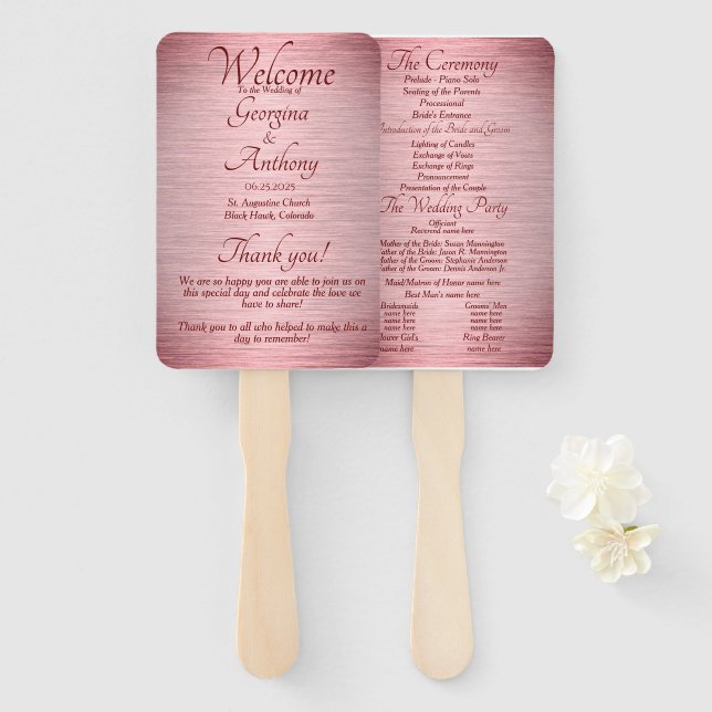 Rose Gold Burgundy Wedding Ceremony Program Hand Fan (Front and Back)
