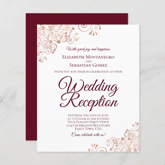 Rose Gold Burgundy Wedding Reception Budget Invite Zazzle