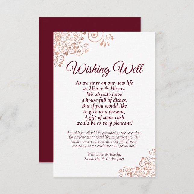 Rose Gold & Burgundy Wedding Wishing Well Poem Enclosure Card (Front/Back)