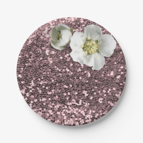 Rose Gold Bush Floral White Jasmine Glitter Paper Plates