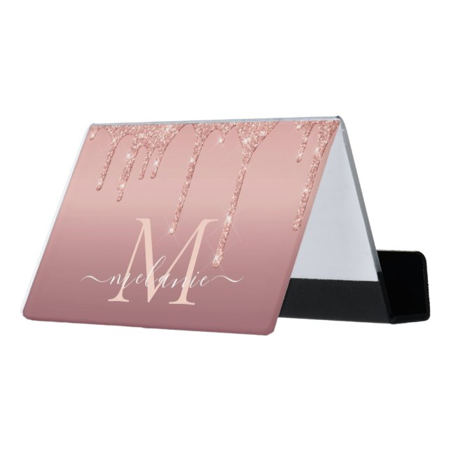 Rose Gold Business Card Holder Custom Name Letter (Angled Back)