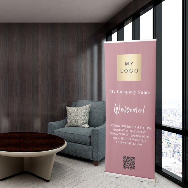 Rose gold business logo opening hours QR code Retractable Banner (Creator Uploaded)