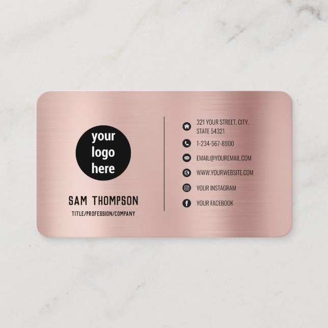 Rose Gold Business Logo Professional Social Media Business Card (Front)