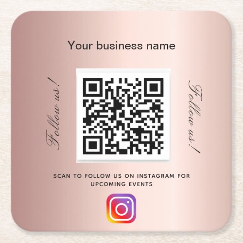 Rose gold business salon name qr code Instagram Square Paper Coaster