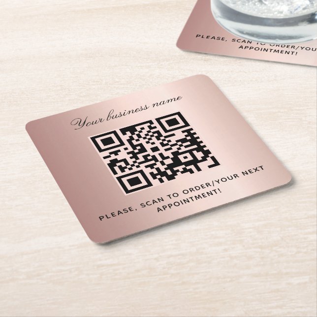 Rose gold business salon name qr code square paper coaster (Angled)