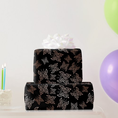 Rose Gold Butterflies Black Background Wrapping Paper