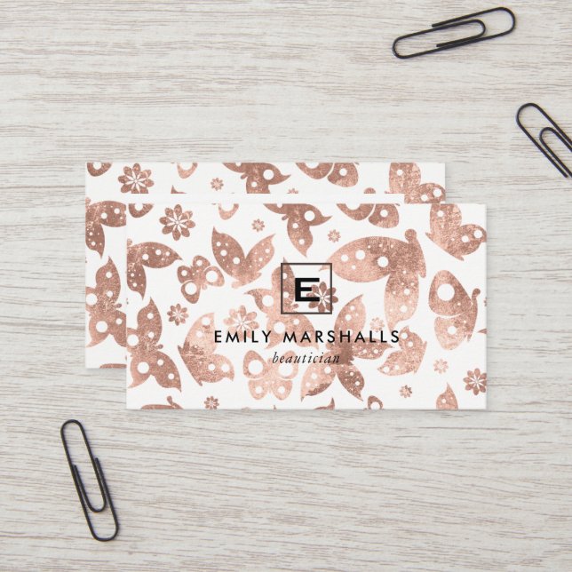 Rose Gold Butterflies Business Card (Front/Back In Situ)