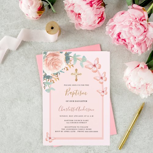 Rose gold butterflies floral arch baptism invitation