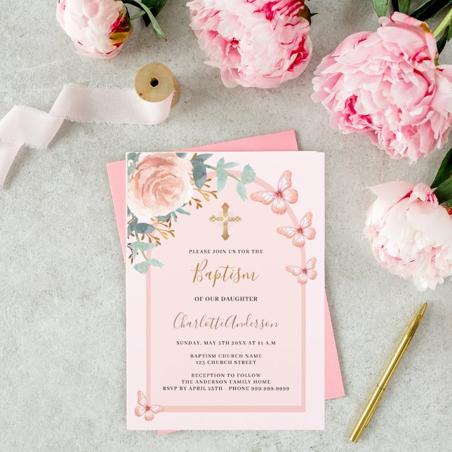 Rose gold butterflies floral arch baptism invitation (Creator Uploaded)