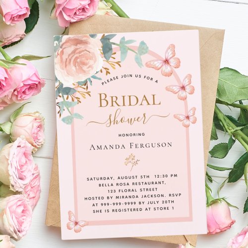 Rose gold butterflies floral arch Bridal Shower Invitation