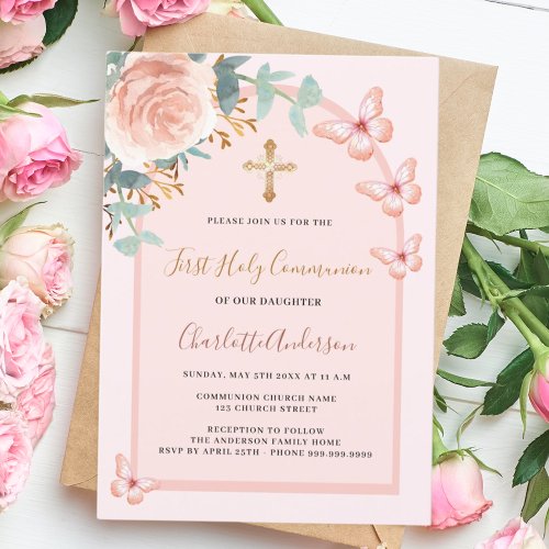 Rose gold butterflies floral arch First Communion Invitation