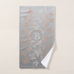 Rose Gold Butterflies Gray Pattern Monogram  Hand Towel