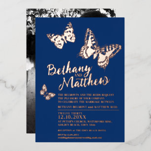 Rose gold butterflies on dark blue wedding foil invitation