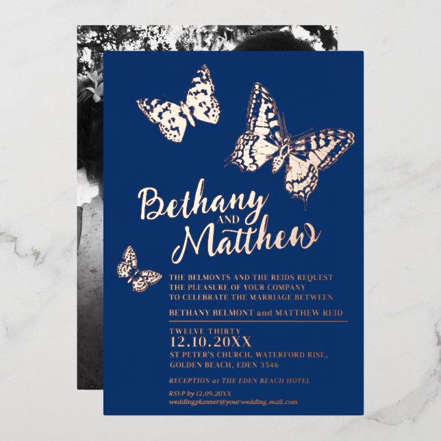 Rose gold butterflies on dark blue wedding foil invitation (Front/Back)