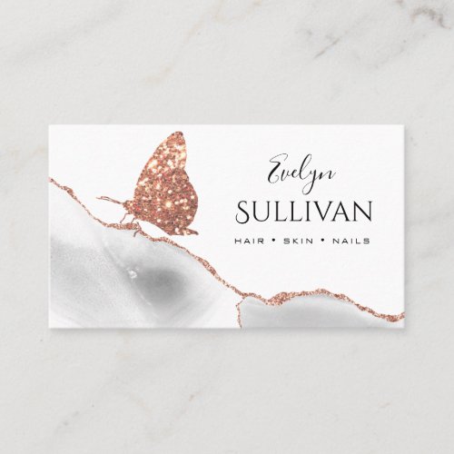 rose gold butterfly and white agate business card
