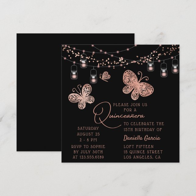 Rose Gold Butterfly Chic Modern Quinceañera Invitation (Front/Back)
