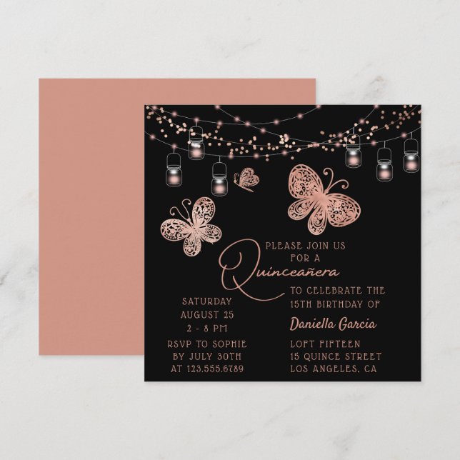 Rose Gold Butterfly Chic Modern Quinceañera Invitation (Front/Back)