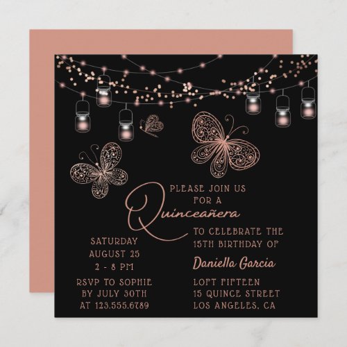 Rose Gold Butterfly Chic Modern Quinceaera Invitation