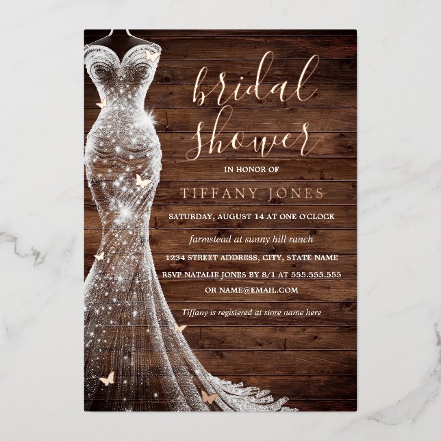 Rose Gold Butterfly Dress Rustic Bridal Shower  Foil Invitation (Front)