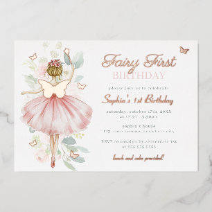 Rose Gold Butterfly Fairy First 1st Birthday Foil Invitation