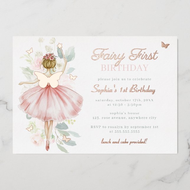 Rose Gold Butterfly Fairy First 1st Birthday  Foil Invitation (Front)