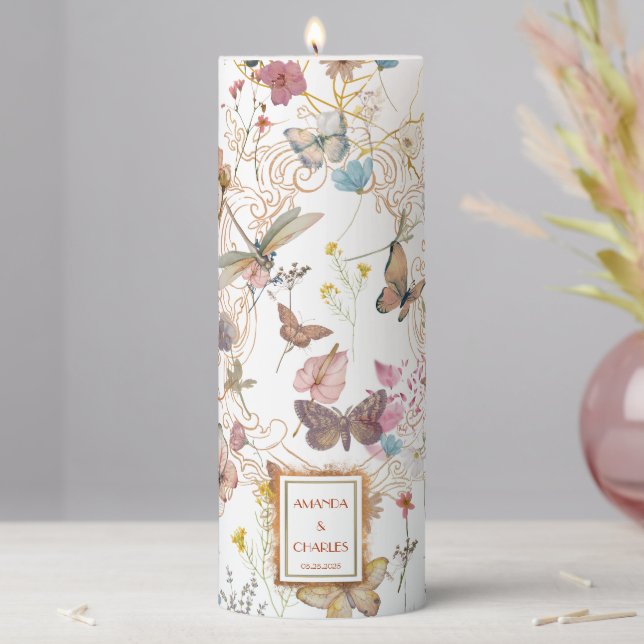 Rose Gold Butterfly Garden Wedding  Pillar Candle (In Situ)