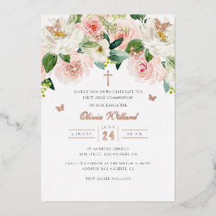 Rose Gold Butterfly Girls First Communion Foil Invitation