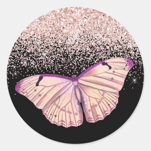 Rose Gold Butterfly Glitter Classic Round Sticker