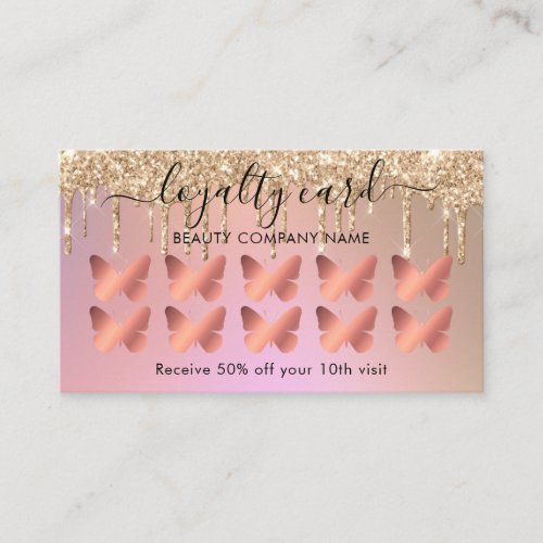 Rose Gold Butterfly Glitter Drips Loyalty Card