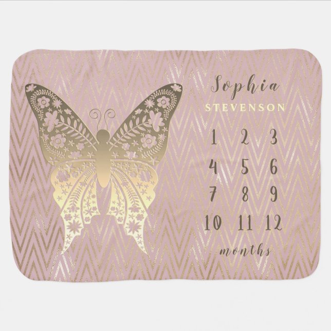 Rose Gold Butterfly Milestone Baby Blanket (Horizontal)