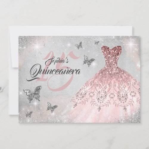 Rose Gold Butterfly Sparkle Dress Quinceanera Invitation