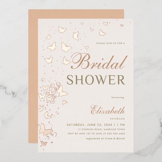 Rose Gold Butterfly Swirls Elegant Bridal Shower Foil Invitation (Front/Back)