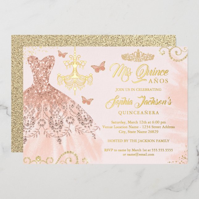 Rose Gold Butterfly Tiara Dress Quinceanera Foil Invitation (Front/Back)