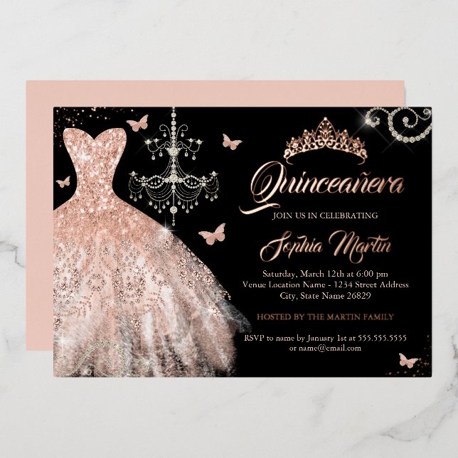 Rose Gold Butterfly Tiara Dress Quinceanera  Foil Invitation (Front/Back)