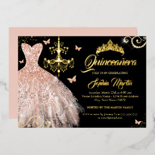 Rose Gold Butterfly Tiara Dress Quinceanera  Foil Invitation