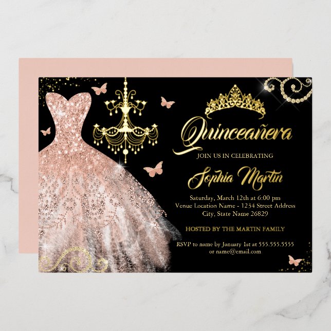 Rose Gold Butterfly Tiara Dress Quinceanera  Foil Invitation (Front/Back)