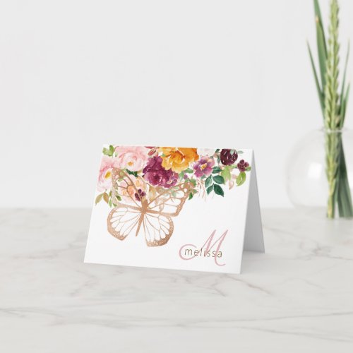 Rose Gold Butterfly  Watercolor Floral Bouquet Note Card