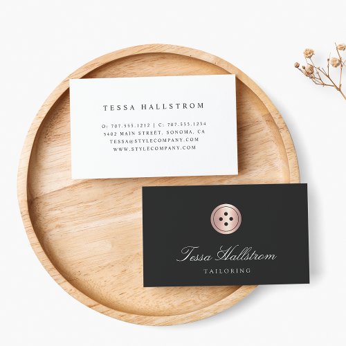 Rose Gold Button  Seamstress Tailor Alterations Business Card