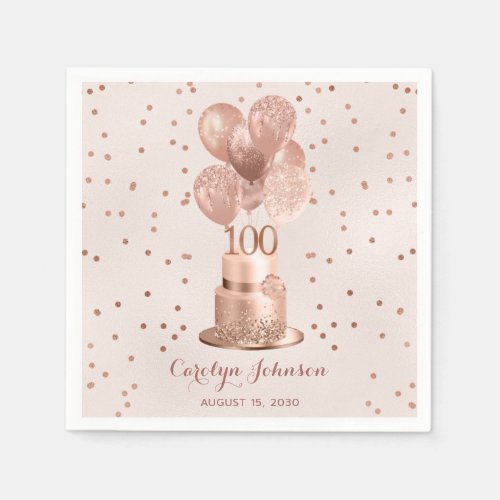 Rose Gold Cake 100th Birthday Napkins