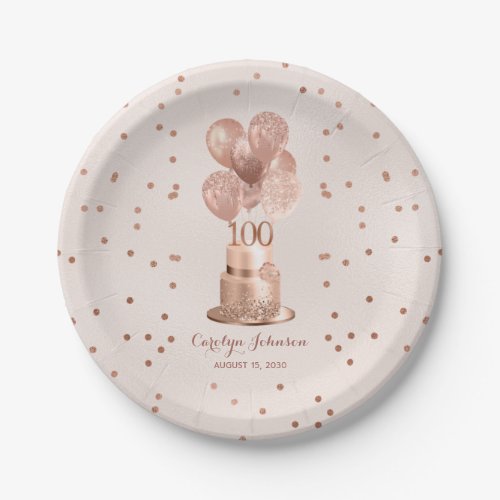 Rose Gold Cake 100th Birthday Paper Plates