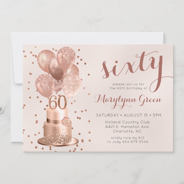 Rose Gold Cake 60th Birthday Invitation (Front)