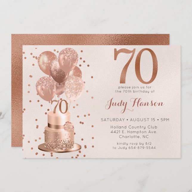 Rose Gold Cake 70th Birthday Invitation (Front/Back)