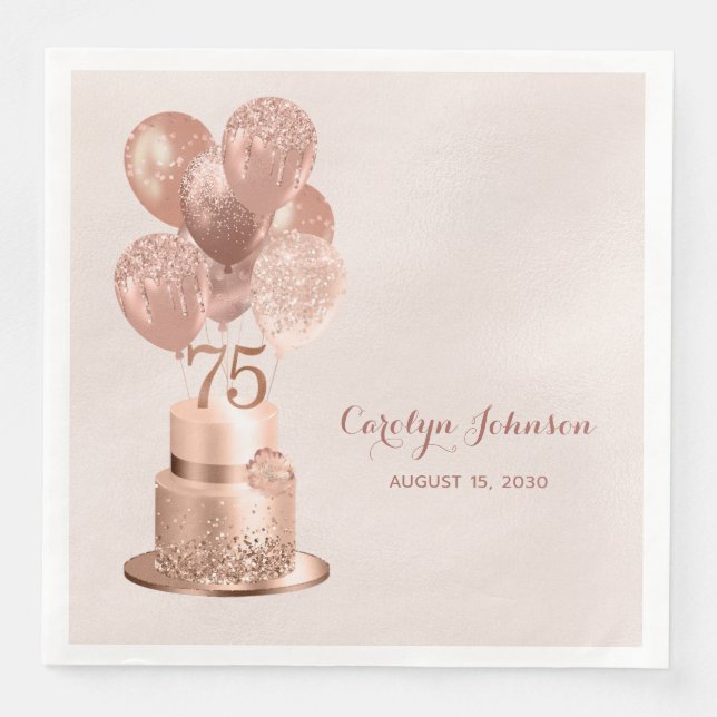 Rose Gold Cake 75th Birthday Paper Dinner Napkins (Front)