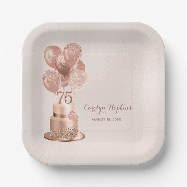 Rose Gold Cake 75th Birthday Paper Plates (Front)
