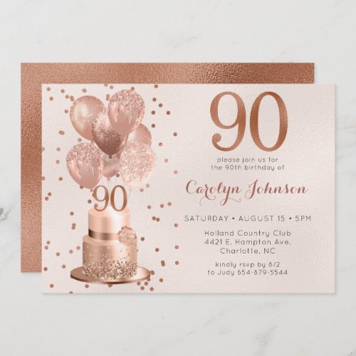 Rose Gold Cake 90th Birthday Invitation