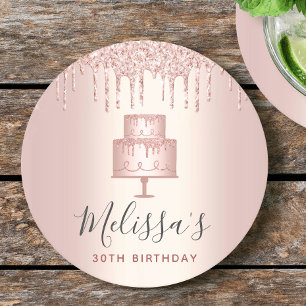 Rose gold cake glitter drips elegant girly party round paper coaster