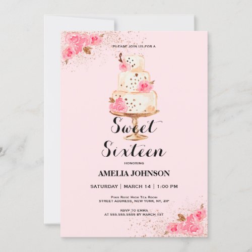Rose Gold Cake Sweet Sixteen Invitation