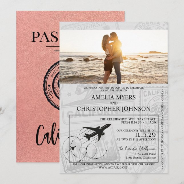 Rose Gold California Passport Wedding Invitation (Front/Back)